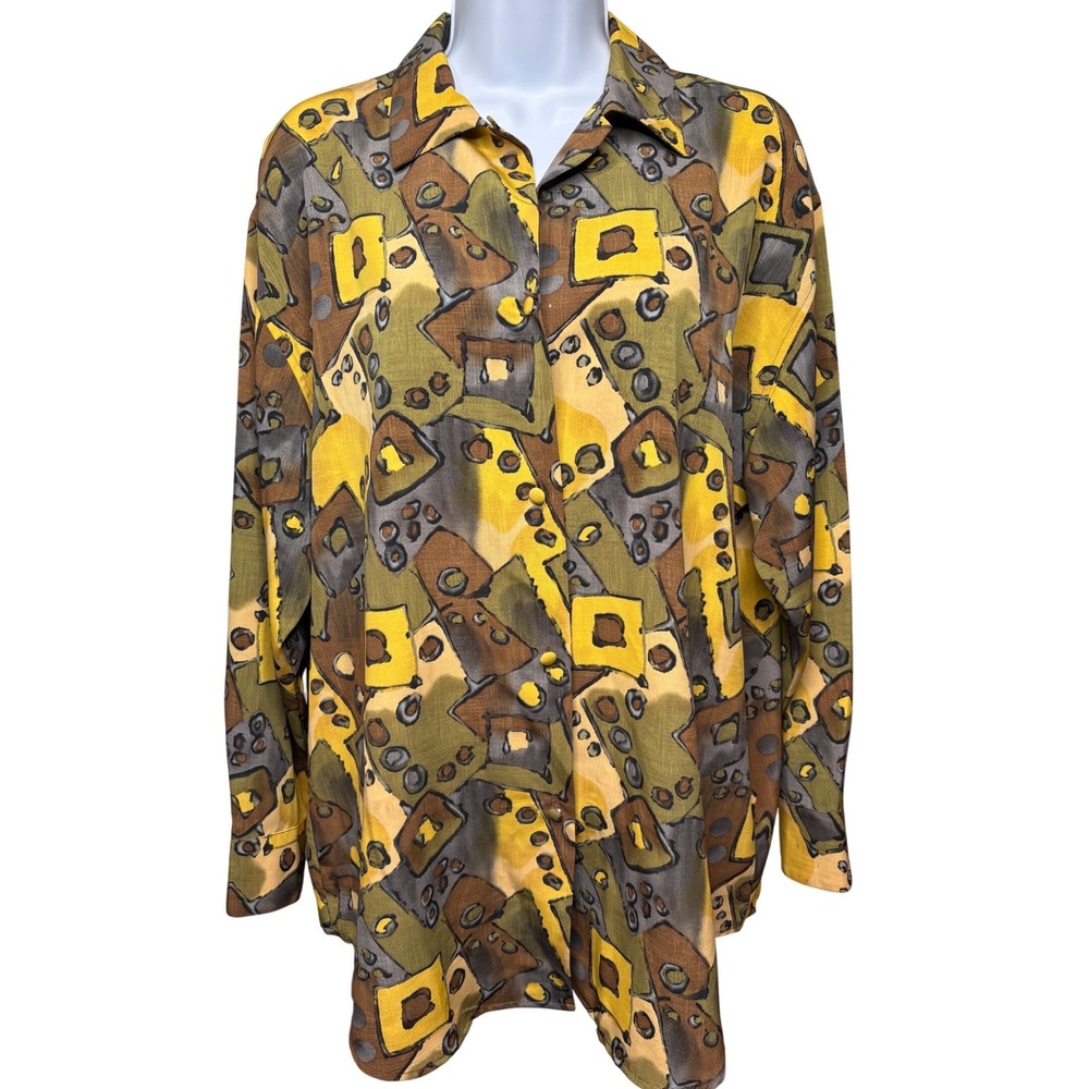 VTG 90s LE CAVIAR Womens Yellow Abstract Geometric Button Up Shirt M Art-to-Wear